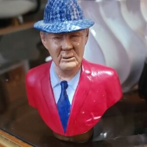 Stylish Red-Jacket Gentleman Bust Sculpture with Blue Hat